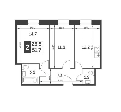 Двухкомнатная квартира 51.7 м²
